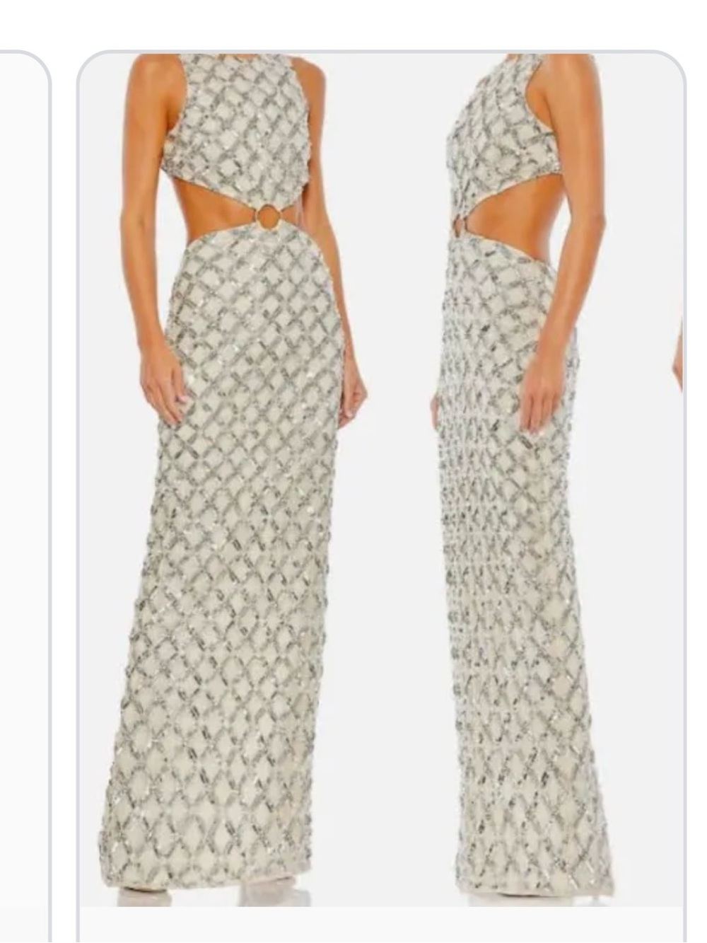 Mac Duggal Beige Beaded Backless Maxi Dress with Silver Accents